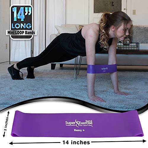 USA 14" x 3" Extra Long Latex Free Mini Loop Bands in 3, 5, 10 Pack Sets. 10 Strengths for Resistance Training, Stretching, Yoga, Toning. Plus an Exclusive iPhone App and E-Book. - color: r. Purple HEAVY+ Loop Band 5 Pack