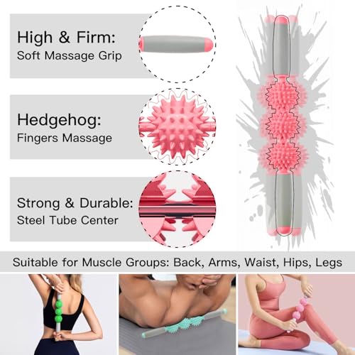 Fascia Muscle Roller, Cellulite Massager Fascia Roller for Cellulite and Sore Muscles, Neck, Leg, Back, Pressure Trigger Point Body Roller Deep Tissue Massage Stick Tools - 3 Massage Balls - color: Fluorescent Powder