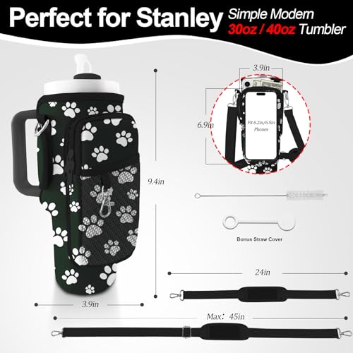 Water Bottle Carrier Bag for Stanley Cup 40oz/30oz with Phone Pocket, Neoprene Water Bottle Holder with Adjustable Shoulder & Handle Strap, Stanley Cup Accessories for Walking Travel Gym - color: Dog Paw