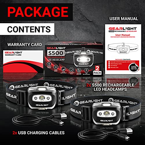 GearLight USB Rechargeable Headlamp Flashlight for Running, Camping, and Outdoor LED Headlight Camping Headlamps - Head Lamp Light for Adults, Kids, Emergency Gear - Black - 2 Pack - size: 2 Pack, Rechargeable (USB)