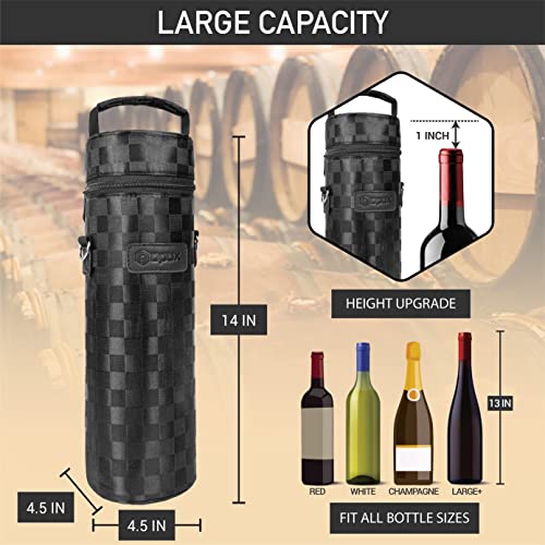 opux Single Bottle Wine Bag Carrier, Insulated Cooler Tote, Black Squares - color: Black Square