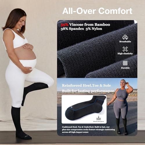 LEVSOX Bamboo Viscose Wide Calf Compression Socks 20-30 mmHg with Cushioned - color: Black, size: Medium