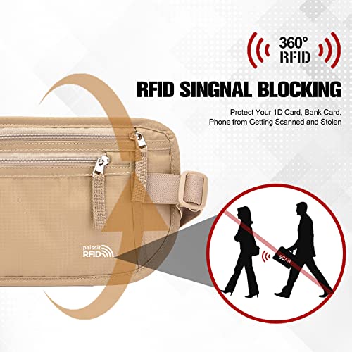 Unisex Money Belt with RFID Blocking Sleeves, Slim Passport Holder RFID Blocking Travel Essentials, Waist Pouch to Protect Cash, Beige & 6 Sleeves - color: Beige & 6 Sleeves, size: Medium