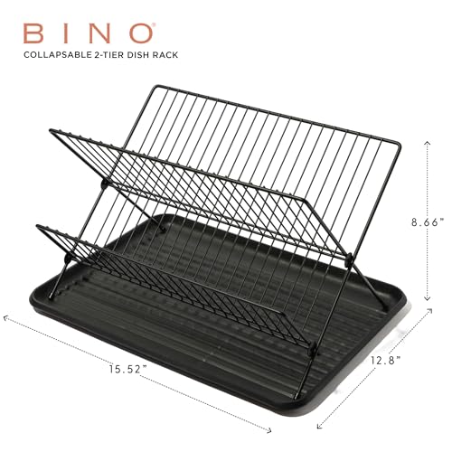 BINO 2-Tier Collapsible Dish Rack with Tray - Matte Black | Dish Drainer Kitchen Plate | Holders for Cups & Plates | Foldable Rack for Kitchen Countertop | Storage and Organization