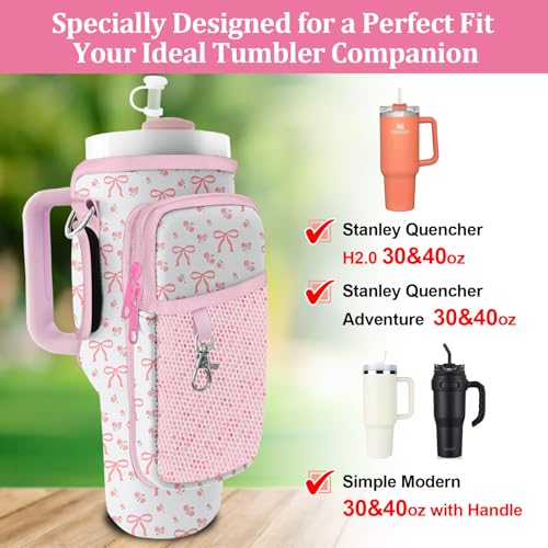 Stanley Carrier Bag for Stanley 40oz/30ozTumbler with Phone with 2 Adjustable Strap,3 Pockets Bottle Stanley Cup Carrier Bag & Case,Accessories for Hiking Travelling - color: Rose Bow
