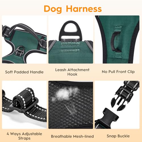 No Pull Dog Harness, No-Choke Soft Padded Reflective Dog Vest Harness with Front Clip & Top Handle, 2 Quick-Release Buckles, Adjustable for Small Medium Large Dogs - color: Tundra Green, size: X-Small