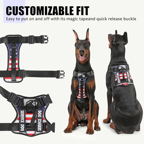 Service Dog Harness, Reflective Dog Vest Harness with 5 PCS Patches, Adjustable Soft Oxford Pet Harness, Inner Layer Mesh, Easy to Control - color: USFLAG, size: X-Large (Pack of 1)