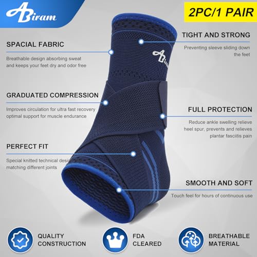 ABIRAM Ankle Brace Compression Sleeve with Adjustable Support Strap - color: Blue, size: Small