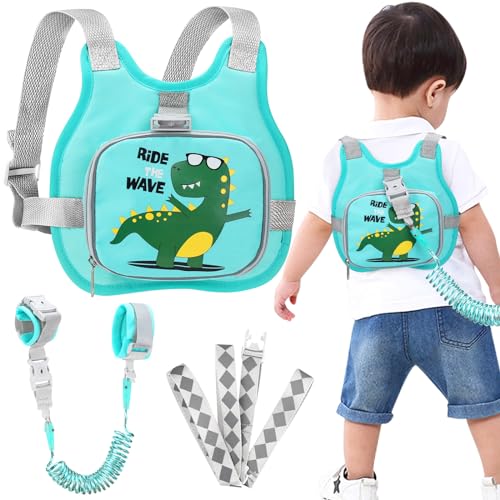 Accmor Toddler Harness Leash+ Anti Lost Wrist Link, Cute Dinosaur Kids Harness with Leash, Collapsible Child Leash Baby Walking Harness Wristband Assistant Strap Belt for Boys Girls to Outdoor Travel - color: Teal/Cool Tyrannosaurus Rex