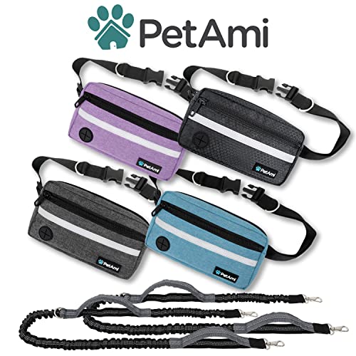 PetAmi Hands Free Dog Leash Waist Belt Bag Fanny Pack, Double, Black - color: Black, size: 2 Leashes