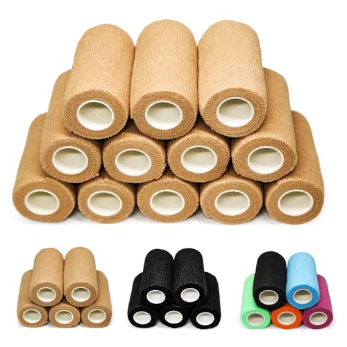 OZER 12 Pack 4 Inch x 5 Yards Self Adhesive Bandage Breathable（Skin Tone） - color: Tan, size: 4 Inch