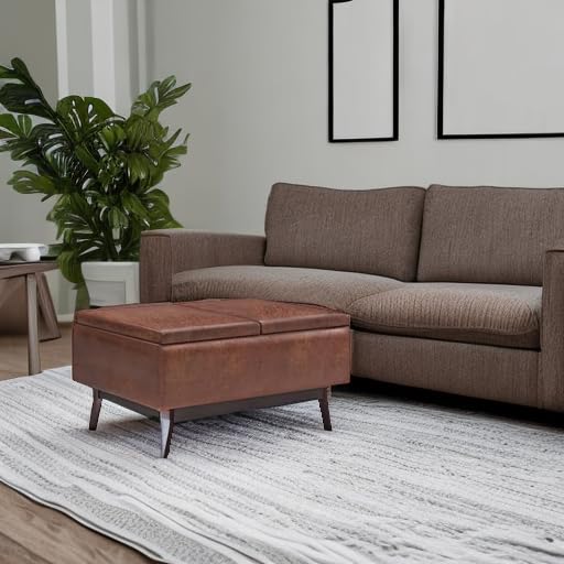 SIMPLIHOME Owen 34" Wide Vegan Leather Tray Top Ottoman in Saddle Brown - color: Distressed Saddle Brown