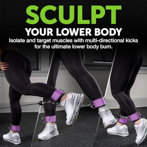 Ankle Straps for Cable Machines, Adjustable, 2 Pack - style: Purple / Gray 2 D-Rings