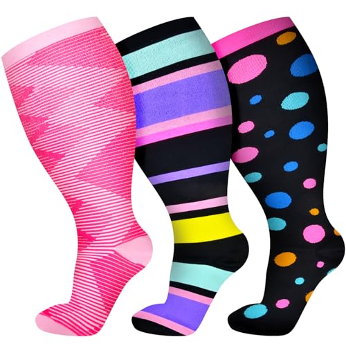 3 Pairs Plus Size Compression Socks for Women Wide Calf Extra Large Knee High Support for Travel,Yoga, Running
