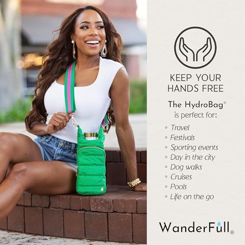 WanderFull Original HydroBag Crossbody Water Bottle Holder with Phone Pocket, Fits Water Bottles up to 32 oz - color: Kelly Green Matte - Striped Strap