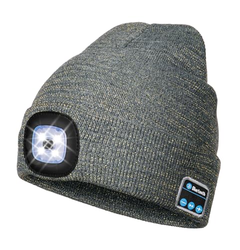 Wmcaps Bluetooth Beanie with LED Light and Headphones, Christmas Tech Gifts - color: Grey Mixed Goldwire
