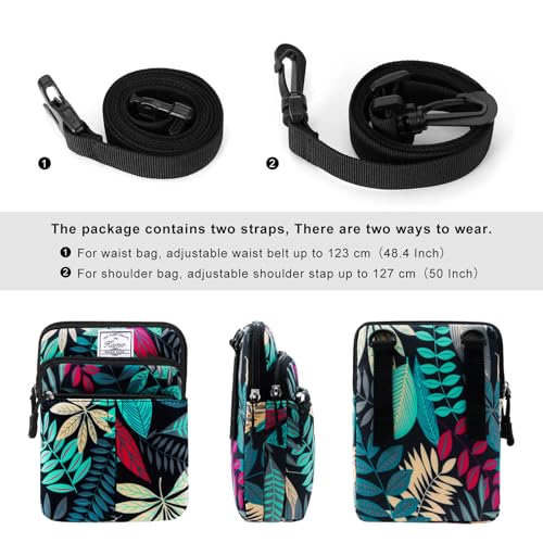 KAMO Multifunction Phone Waist Bag - One Shoulder Diagonal Cross Bag, Smart Case, Outdoor Triple Zip Hipster Crossbody Purse for Women & Men - color: Green-Maple leaf