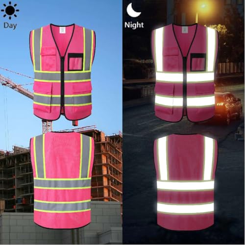Reflective Safety Vest for Men Women Hi Vis Vest with 8 Pockets High Visibility Mesh Reflective Vest (Pink-07,Medium) - color: Pink, size: Medium