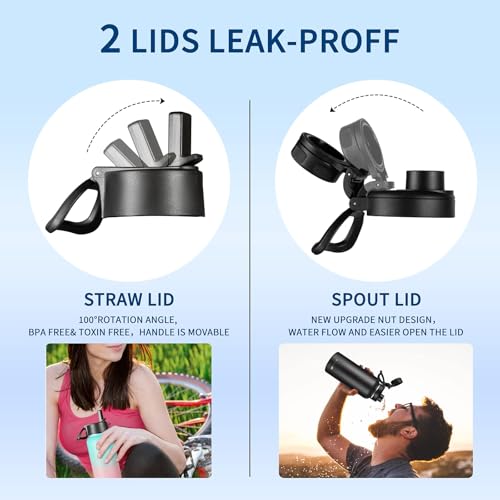 KXIAOCHEN Insulated Water Bottle with Strap, 48-Hour Cold, 2 Lids - color: Black Gray, size: 24 Ounces
