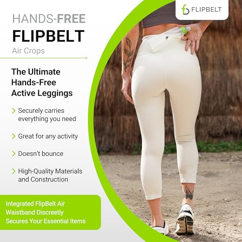 FlipBelt Women's Air Crop Legging Yoga Pants Breathable High-Waisted Workout Leggings with Running Belt Pockets Athletic - color: Bone, size: Medium