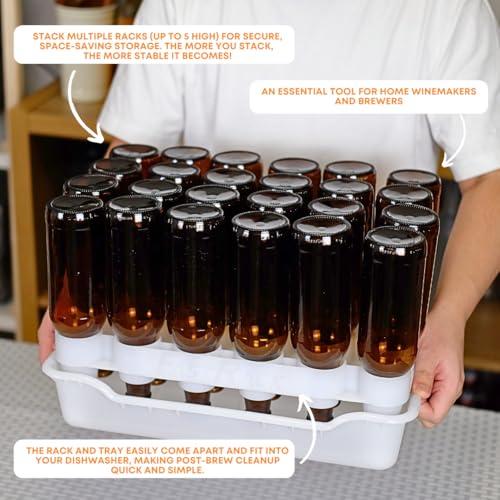 FASTFERMENT - 24-Bottle Drying Rack & Tray| Bottle Drying Tree Alternative | Dry & Store Your Wine or Bomber/Belgian Bottles | 2-Stackable Racks, 1 Tray | Dishwasher Safe | Home Brewing Supplies