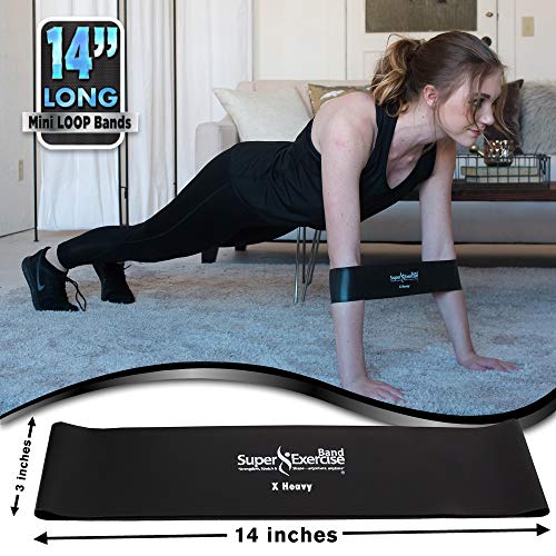 USA 14" x 3" Extra Long Latex Free Mini Loop Bands in 3, 5, 10 Pack Sets. 10 Strengths for Resistance Training, Stretching, Yoga, Toning. Plus an Exclusive iPhone App and E-Book. - color: t. Black X HEAVY Loop Band 5 Pack