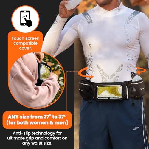 Runtasty Hydration Bundle – Running Belt w/ 2 Bottles + 2-in-1 Handheld 12 oz Bottle & Belt Add-On + Push-Pull Replacement Lids – Waterproof Pockets, Touchscreen Cover, No-Bounce Design