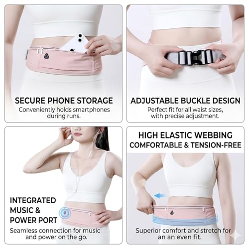 Running Belt with Resistance Band Bundle - Slim Water-Resistant Phone Holder for Women & Men, No-Bounce Adjustable Waist Pack Fits iPhone 15 Pro Max, Glute Activation Loop for Yoga & Fitness - color: Pink