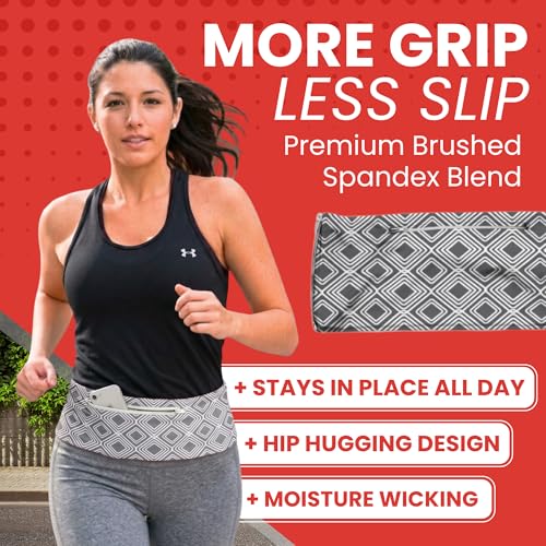 Fusion Belts Running Belt for Women & Men - Patented Side Zipper On Design - color: Grey Diamonds, size: Large