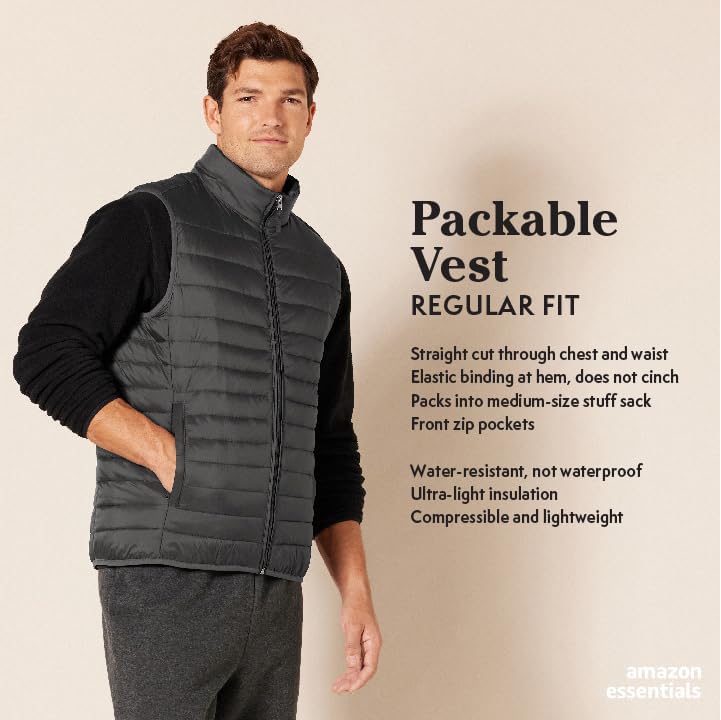 Amazon Essentials Men's Lightweight Water-Resistant Packable Puffer Vest - color: Dark Grey, size: Large