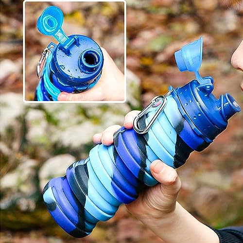 Collapsible Water Bottles Travel water bottle Sports Portable Sport Water Bottle Reusable Water Bottles comes with mountaineering Buckle 500ml silicone Water-proof camping water bottle - color: Pink+Pink camouflage, style: 2 pack