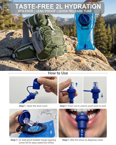VPBAGE Hydration Backpack with 2L Bladder – Thermal Insulated Water Pack for Hiking, Skiing, Running – Lightweight Daypack for Men & Women, Soft-Lined Sunglasses Pocket & Large Waist Pockets - color: Olive Green