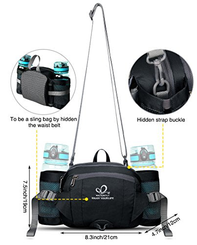 WATERFLY Fanny Pack Waist Bag: Fannie Pack 2 Water Bottle Holders Lumbar Belt Hiking Walking Running Jogging Camping Large Woman Man (Bottle Not Included) - color: Black