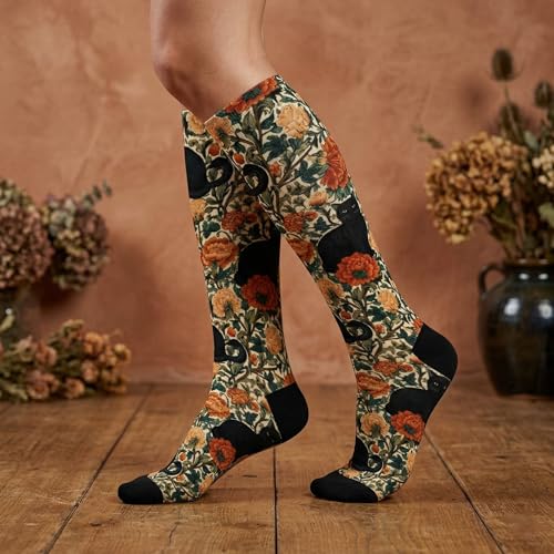 Cute Compression Socks Knee High Support Stockings Women Men - color: Black Cat Orange Flower