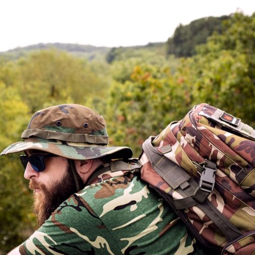 FOX OUTDOOR PRODUCTS Advanced 3-Day Combat Pack | 69L Tactical Backpack w/Dual Hydration Ports, Compression Straps & Storage - color: Woodland Camo