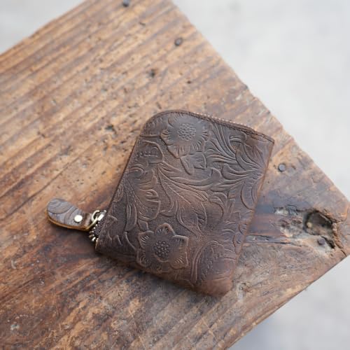 JJNUSA Genuine Leather Zipper Coin Purse Wallet With Key Car Smart Holder, Change Purse, Coin Pouch Holder For Men (flowerdarkbrown) - color: flowerdarkbrown