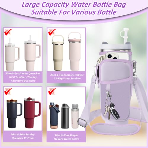 Water Bottle Carrier Bag for Stanley 40/30oz Cup Tumbler with Phone Pocket,Insulated Crossbody Water Bottle Holder with Adjustable Strap,Water Bottle Sling Pouch for Hiking Walking Camping Accessories - color: Purple