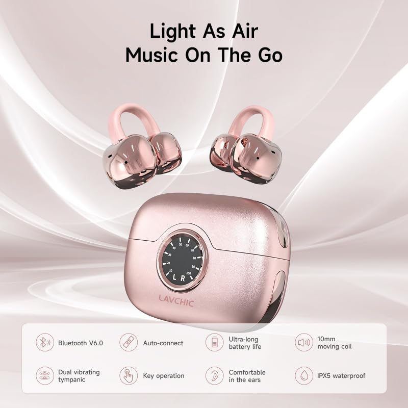 A80 Open Ear Earbuds, Clip On Wireless Headphones with Microphone - color: RoseGold