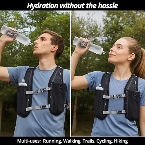Running Hydration Vest for Women and Men. Reflective, 8 Pocket, Quick Dry, Water-Resistant, Breathable, Adjustable Backpack for Runs, Hiking, Cycling, Trails, Marathons - style: Black Vest + 2x 500ml Soft Flasks