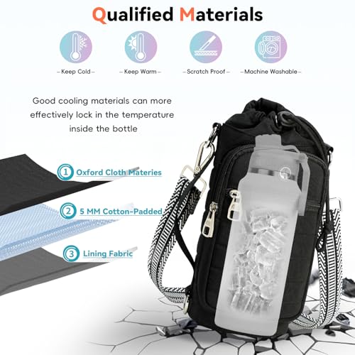 Water Bottle Carrier Bag with Strap Phone Pocket for Walking, Hiking, Cycling - color: 1-Black, size: 32oz-40oz