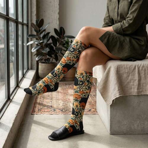 Cute Compression Socks Knee High Support Stockings Women Men - color: Black Cat Orange Flower