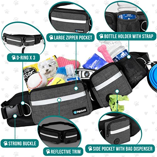 PetAmi Hands Free Dog Leash with Waist Running Belt Bag, Double (Charcoal) - color: Charcoal Grey, size: 2 Leashes