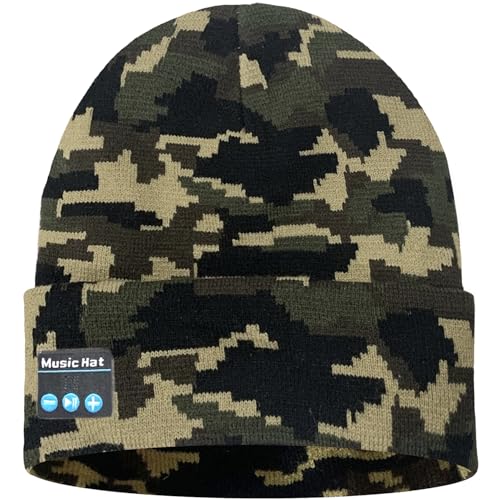 ATNKE LED Lighted Bluetooth Beanie Hat,USB Rechargeable 4 LED Wireless Music Running Headlamp Cap Gift for Men and Women - color: #Camouflage Green