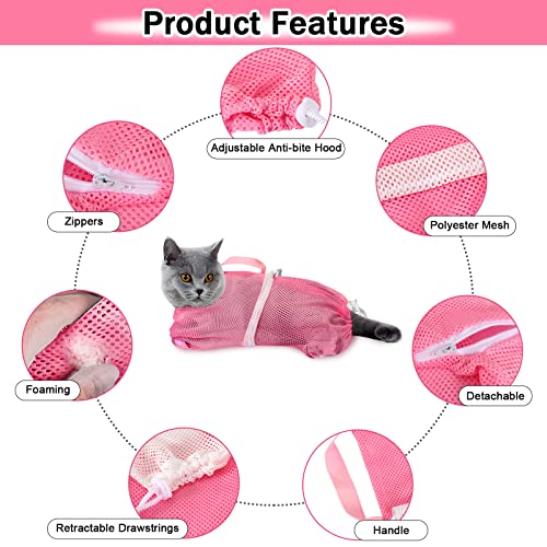 JULMELON 10PCS Cat Bathing Bag Adjustable Shower Washing Net Grooming Set - color: Pink+Grey