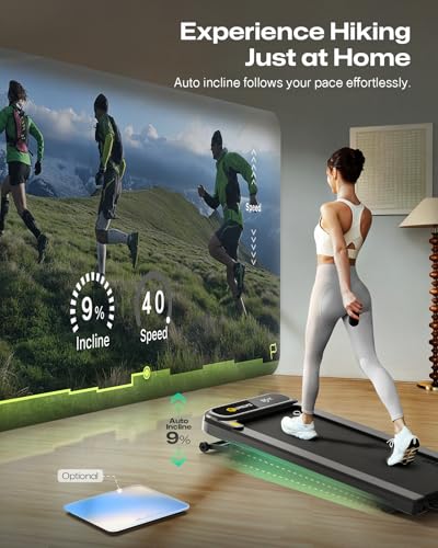 Smart Treadmill with 9% Auto Incline, Hiking and Running Walking Pad Treadmills for Home Office, Treadmill with UREVO APP, AI Powered Music Course, HIIT Programs Synced to Scenic Route, One-Click Mute