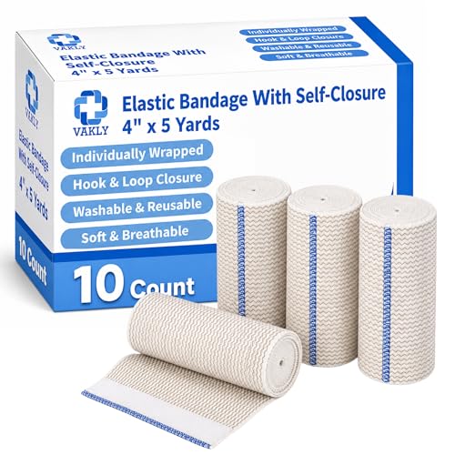 Vakly Elastic Bandage Wrap 4'' x 5 Yds, Self-Closure Compression Roll 10 Pk - size: 4 Inch (Pack of 10)