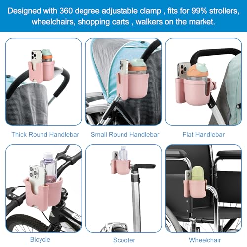 Accmor Stroller Cup Holder with Phone Holder, Bike Cup Holder, Walker Scooter Wheelchair Cup Holder Attachment, Universal Cup Holder for Uppababy Graco Strollers - color: All Light Pink