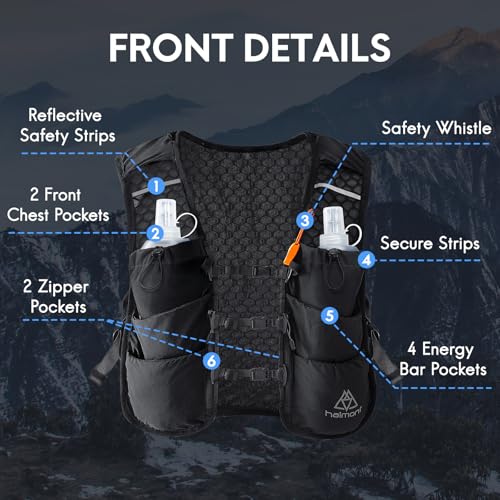 Haimont 5L Trail Running Hydration Vest with Soft Flasks - color: Black, size: Large