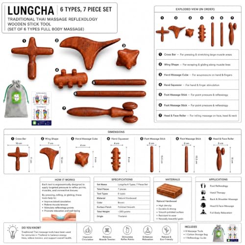 Lungcha 6 Types, 7 Piece Set Traditional Thai Massage Reflexology Wooden Stick Tool (Set of 6 Types Full Body Massage)