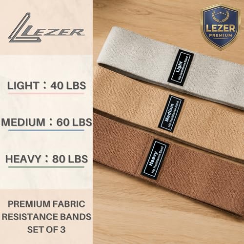 LEZER Premium Fabric Resistance Bands, Exercise Workout Bands, Heavy Duty, Glutes, Legs, Strength Training, Pilates, Yoga, Extra Long, Women & Men, with Guide, Set of 3 (40/60/80 lbs)